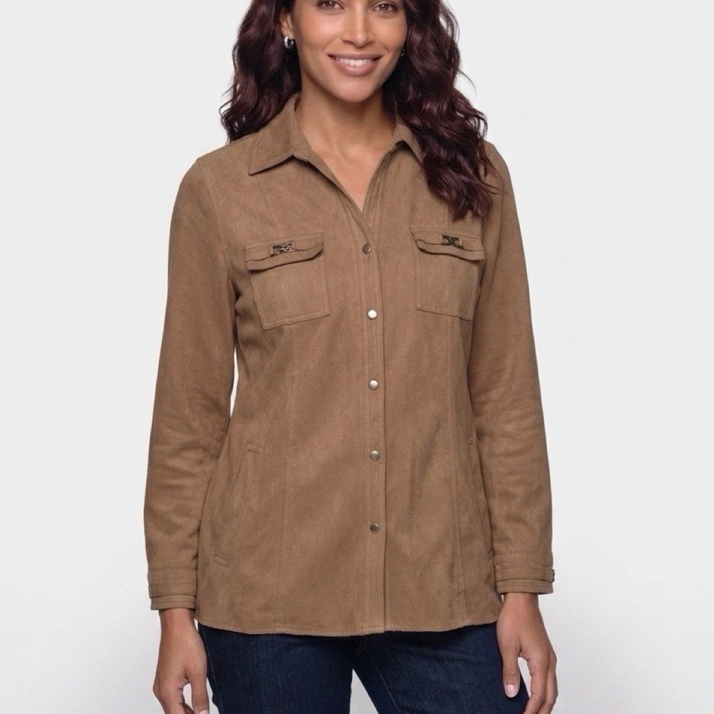 JM Collection Utility‎ Jacket Women M Brown LS Faux Suede Shacket Pocket